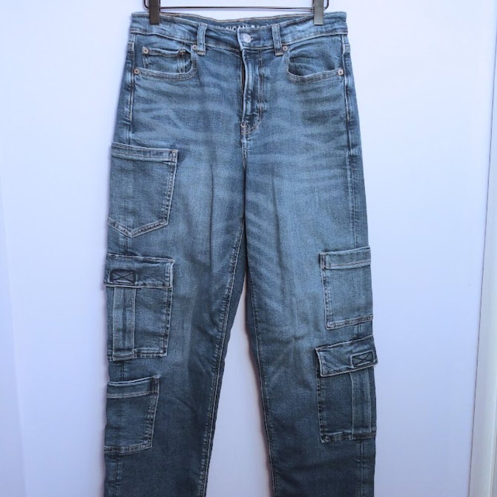 American Eagle Women's Cargo Jeans Blue Size 4 Super High Rise Baggy Straight